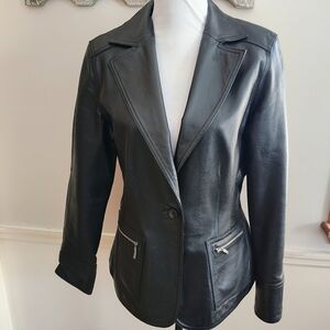 VTG CLIO Black Leather Women's Blazer Jacket With Zipper Pockets Sz12